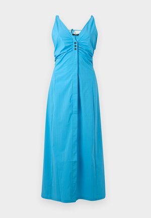 Abito maxi blu senza maniche con busto arricciato, spalline regolabili e dettagli a tre tonalità con bottoni al centro. Tessuto dalla consistenza liscia.