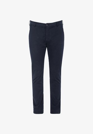 Chinos blu navy con una vestibilità slim, realizzati in un leggero tessuto di cotone. Presentano tasche frontali e una chiusura con bottone in vita.
