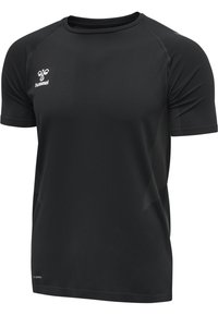 Sort atletisk skjorte lavet af glat stof med korte ærmer, forsynet med mesh detaljer og et logo på den øverste venstre side.