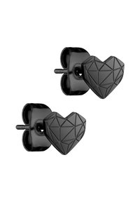 Orecchini a perno a forma di cuore neri con un motivo geometrico triangolare. Realizzati in un materiale liscio e opaco; dotati di un semplice supporto a perno.