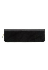Portafoglio in pelle nera con una texture liscia, forma rettangolare allungata, cuciture sottili e chiusura a zip con una cerniera di colore oro.