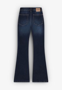 Dark blue flared denim jeans with a smooth texture, featuring a waistband label, two back pockets, and contrasting stitching.