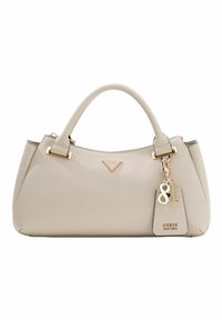 Sac à main beige clair en simili cuir texturé, doté de ferrures dorées, de deux poignées et d'un porte-bonheur avec le numéro "81".