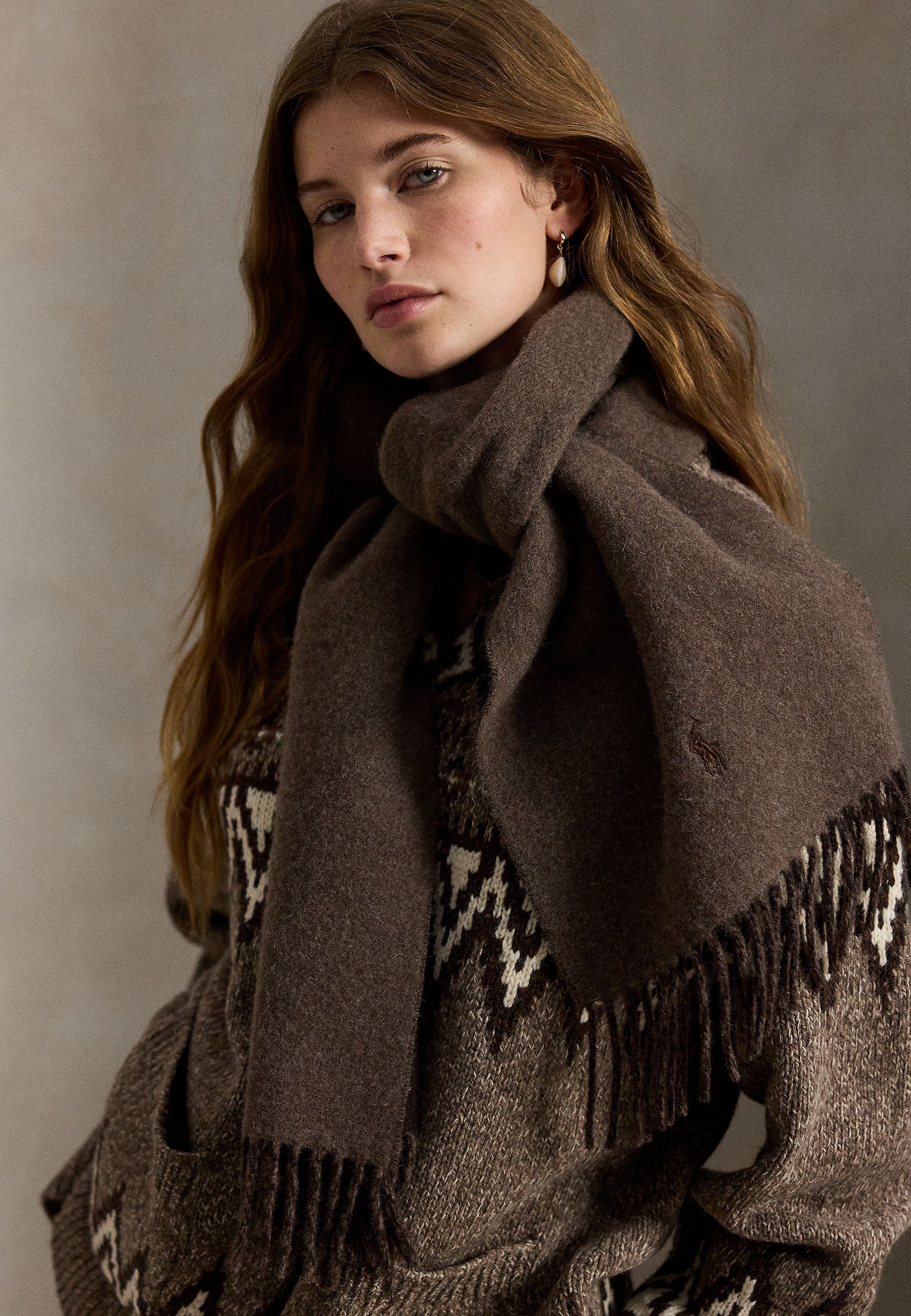 小物 Ralph Lauren dirt fringe long stole Polo Ralph Lauren FRINGE-TRIM WOOL SCARF - Scarf - nutmeg/brown