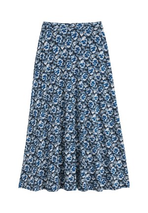 Zils un balts midi svārks ar ziedu rakstu, A līnijas siluets un pieguļošs vidukļa joslas dizains uz balta fona.