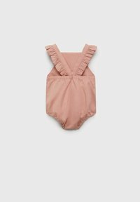 Pink ruffled playsuit with a V-shaped back design, featuring soft fabric and elasticized legs for comfortable wear.