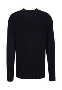 Dunkelblauer Pullover aus strukturiertem Strickgewebe mit langen Ärmeln, rundem Halsausschnitt und gerippten Säumen.