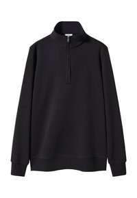 Maglione nero, con collo alto dotato di zip a un quarto, maniche lunghe, polsini a coste e una texture uniforme. Design semplice e minimalista.