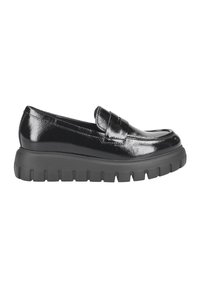Schwarze Lackleder Slipper mit einer klobigen schwarzen Gummisohle. Besitzt ein klassisches Design mit einem dekorativen Riemen an der Vorderseite.