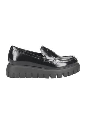 Schwarze Lackleder Slipper mit einer klobigen schwarzen Gummisohle. Besitzt ein klassisches Design mit einem dekorativen Riemen an der Vorderseite.