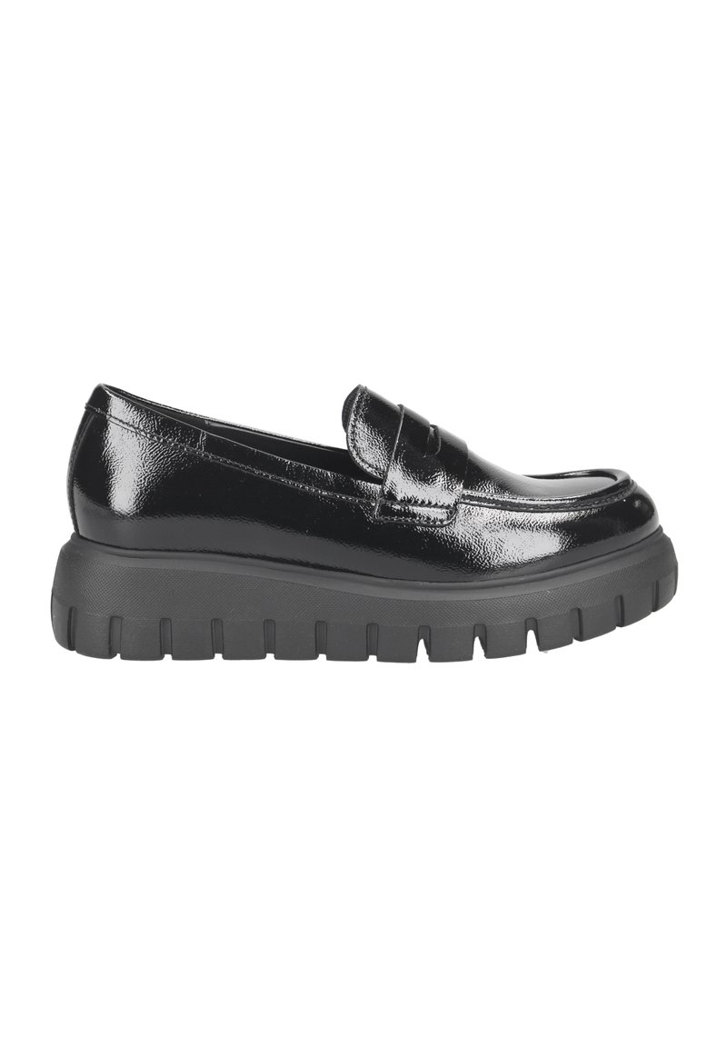 Schwarze Lackleder Slipper mit einer klobigen schwarzen Gummisohle. Besitzt ein klassisches Design mit einem dekorativen Riemen an der Vorderseite.