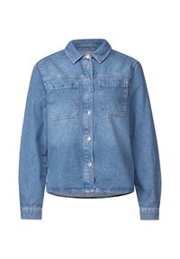 Hellblaues Denim-Jacket mit Knopfleiste, zwei Brusttaschen, langen Ärmeln und geradem Saum. Weicher Stoff, klassisches Kragen-Design.