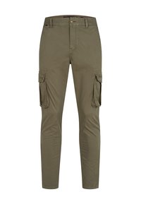 Pantalones cargo verde oliva con corte slim, que cuentan con bolsillos laterales y cierre de botón. Fabricados con tejido ligero para mayor comodidad.