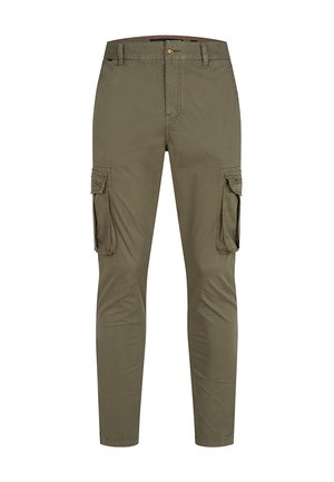 Pantaloni cargo verde oliva con vestibilità slim, dotati di tasche laterali e chiusura a bottone. Realizzati in tessuto leggero per garantire comfort.