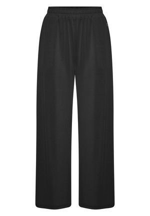 Sorte bukser med bred benvidde lavet af glat stof, med elastisk talje og uden synlige lommer eller indviklede mønstre.