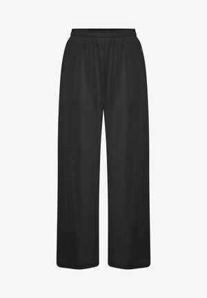 Juodos plačios kelnės iš lygaus audinio, turinčios elastinį juosmenį ir be matomų kišenių ar sudėtingų raštų.