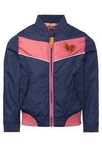 Giacca bomber per bambini in blu navy e rosa con zip frontale, tasche laterali, polsini a costine e una toppa a forma di cuore sul petto.