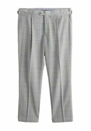 Hellgraue Herrenanzughose mit dezentem Karomuster, seitlichen Verstelllaschen, Knopfverschluss vorne und plisseeartigem Detail vorne.