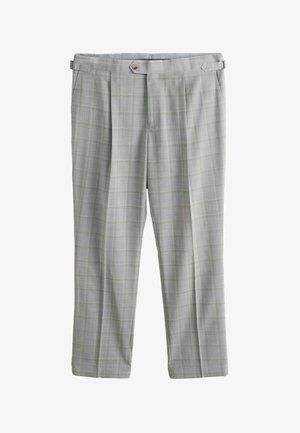 Pantalon de costume homme gris clair avec un motif à carreaux subtil, pattes d'ajustement latérales, fermeture par boutons à l'avant et détail plissé à l'avant.