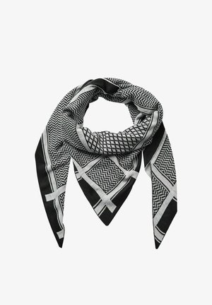 Čierno-biely šál s geometrickými vzormi, hodvábnou textúrou a diagonálnymi prúžkami. Uväzuje sa v strede s špicatými koncami.