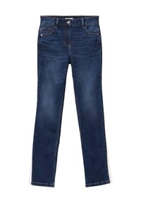 Jean en denim bleu foncé avec un design à jambe droite, comportant des poches avant, une fermeture par bouton et des surpiqûres contrastantes le long des coutures.