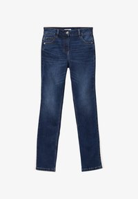 Pantalones vaqueros de mezclilla azul oscuro con un diseño de pierna recta, que cuentan con bolsillos frontales, un cierre de botón y costuras de contraste a lo largo de las costuras.