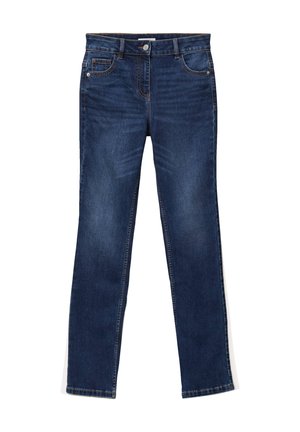Pantalones vaqueros de mezclilla azul oscuro con un diseño de pierna recta, que cuentan con bolsillos frontales, un cierre de botón y costuras de contraste a lo largo de las costuras.
