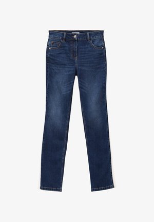 Pantalones vaqueros de mezclilla azul oscuro con un diseño de pierna recta, que cuentan con bolsillos frontales, un cierre de botón y costuras de contraste a lo largo de las costuras.