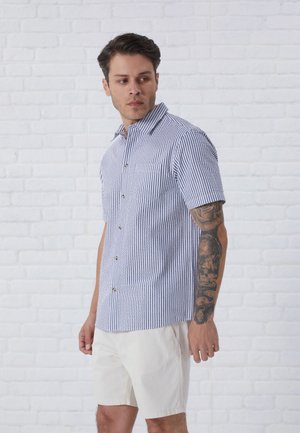 Chemise à manches courtes avec des rayures verticales bleues et blanches, présentant un col, une poche et un tissu en coton lisse. Portée avec un short clair.