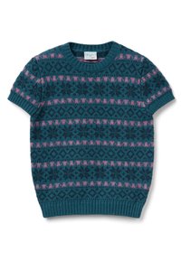 Krátký svetr s krátkými rukávy v tyrkysové barvě s růžovými a tmavě modrými geometrickými vzory. Žebrovaný kulatý výstřih a lem s texturovaným pleteným materiálem.