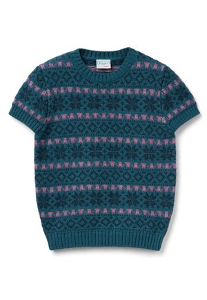 Sweter z krótkim rękawem w kolorze morskim z różowymi i ciemnoniebieskimi geometrycznymi wzorami. Żebrowany okrągły dekolt i dół, wykonane z teksturowanej dzianiny.