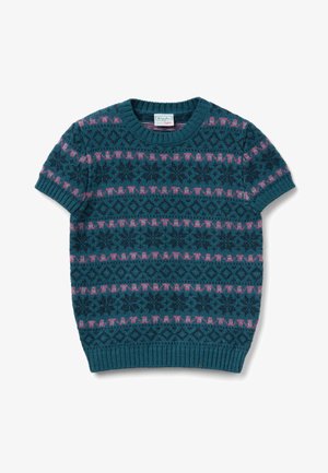 Maglione a maniche corte colore teal con motivi geometrici rosa e blu scuro. Scollo tondo a coste e orlo con tessuto a maglia strutturata.