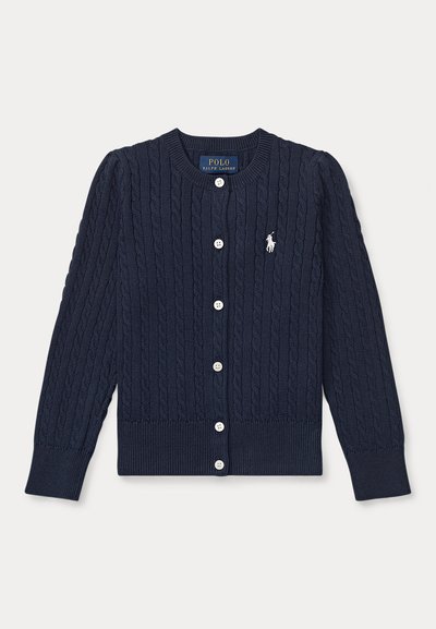 Cardigan blu navy a maglia con trecce, bottoni bianchi e piccolo logo bianco Polo Ralph Lauren sul petto sinistro.