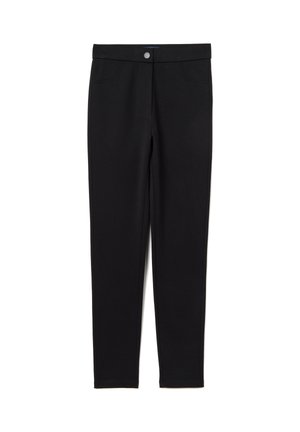 Pantalon noir ajusté avec poches avant et fermeture à bouton, présenté à plat sur un fond blanc.