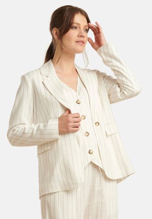 Lichtgekleurde gestreepte blazer van linnen, met een notch-kraag, dubbele knopen en gouden knopen, in een losse pasvorm.