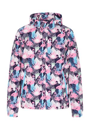 Kapuutsidega jakk, millel on elav roosa flamingo ja lillede muster tumedal taustal, koos lukuga ees ja elastsete mansettidega.