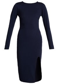 Laivastonsininen pitkähihaiset mekko, jossa on vartalonmyötäinen leikkaus, polven korkuinen sivuhalkio, sileä kangaspinta ja pyöreä pääntie.