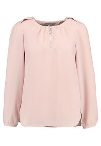 Langærmet lyserød bluse med kort lynlås foran, rynkede skuldre og elastiske manchetter.