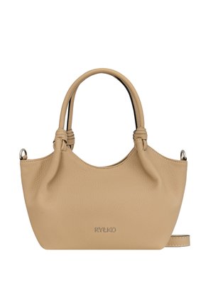 Beżowa skórzana torebka z zaokrąglonymi uchwytami, subtelną fakturą, widoczną nazwą marki oraz metalowymi pierścieniami do opcjonalnego paska na ramię.