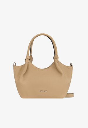 Beżowa skórzana torebka z zaokrąglonymi uchwytami, subtelną fakturą, widoczną nazwą marki oraz metalowymi pierścieniami do opcjonalnego paska na ramię.