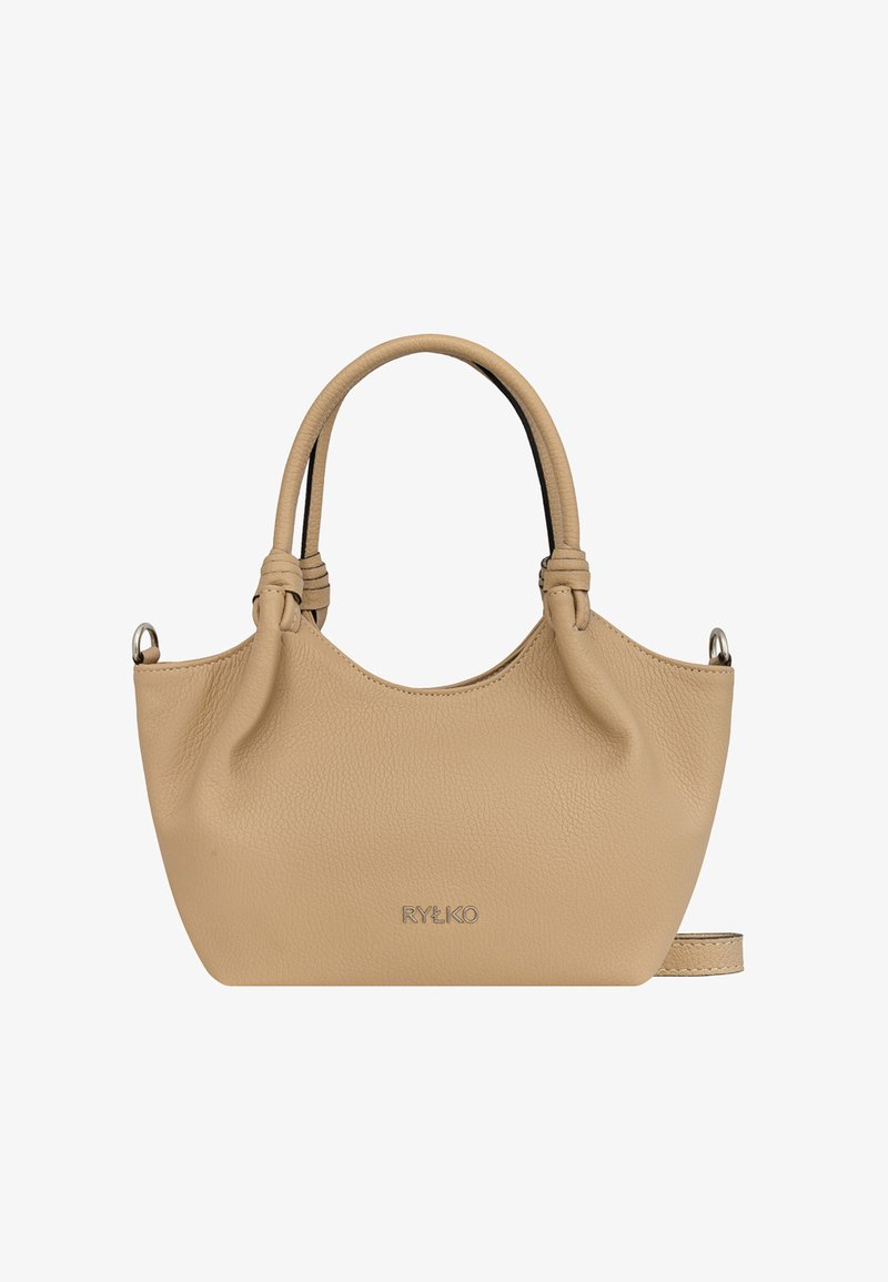 Beežist nahast käekott ümarate käepidemetega, peene tekstuuriga, nähtava brändinime ja metallrõngastel valikulise õlarihma jaoks.