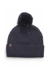 Navy knitted beanie with a textured body, ribbed cuff, and a fluffy pom-pom on top. Accented with a small brown label.