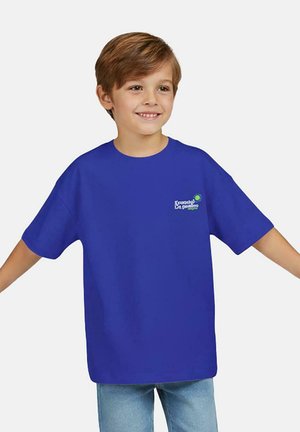 Blauw katoenen T-shirt met een losse pasvorm, korte mouwen en een klein grafisch logo op de borst. Zachte textuur, zonder patronen.