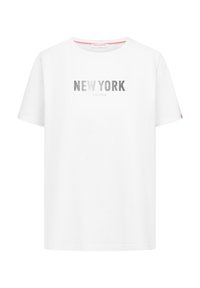 Witte katoen T-shirt met korte mouwen, voorzien van een zilveren "NEW YORK" grafiek en daaronder de tekst "Frieda". Eenvoudig, minimalistisch ontwerp.