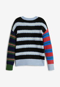 Gestreifter Pullover mit einer Mischung aus Schwarz, Blau, Rot und Grün. Strukturierter Stoff mit unterschiedlichen Breiten der Bänder und einem gerippten Halsausschnitt.