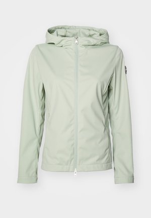 Light mint green jacket made from smooth, soft fabric. Features a zip front, hood, and slim fit. Includes small logo on the left sleeve.
