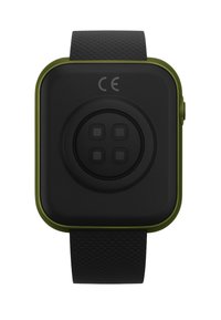 Quadratische Smartwatch mit schwarzem Zifferblatt und strukturierten grünen Gummielementen. Verfügt über einen kreisförmigen Knopf mit vier Quadraten in der Mitte und einem strukturierten Armband.