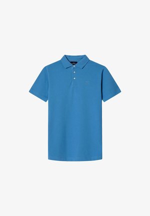 Polo de manga corta en azul brillante, hecho de algodón, con un collar clásico, tapeta de tres botones y un pequeño logo bordado en el pecho.