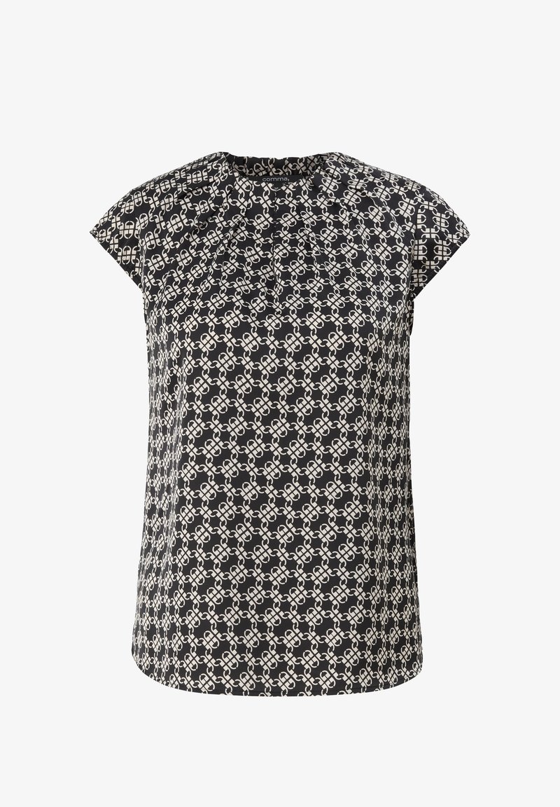 Blouse noire à manches courtes avec motif géométrique blanc en forme de chaîne et col rond avec une courte fente à l’avant, fabriquée par la marque comma.