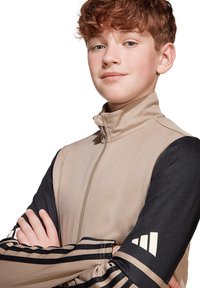 Beige und schwarze Zip-Jacke mit hohem Kragen, langen Ärmeln und drei schwarzen Streifen an den Armen. Der Stoff wirkt glatt und leicht.